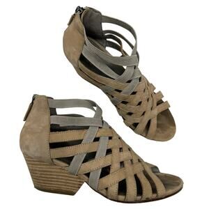 Eileen Fisher Nubuck Leather Open Toe Cage‎ Wedge Sandal  Beige Tan 6